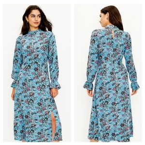 Loft Blue Floral Bouquet Mock Neck Midi Dress